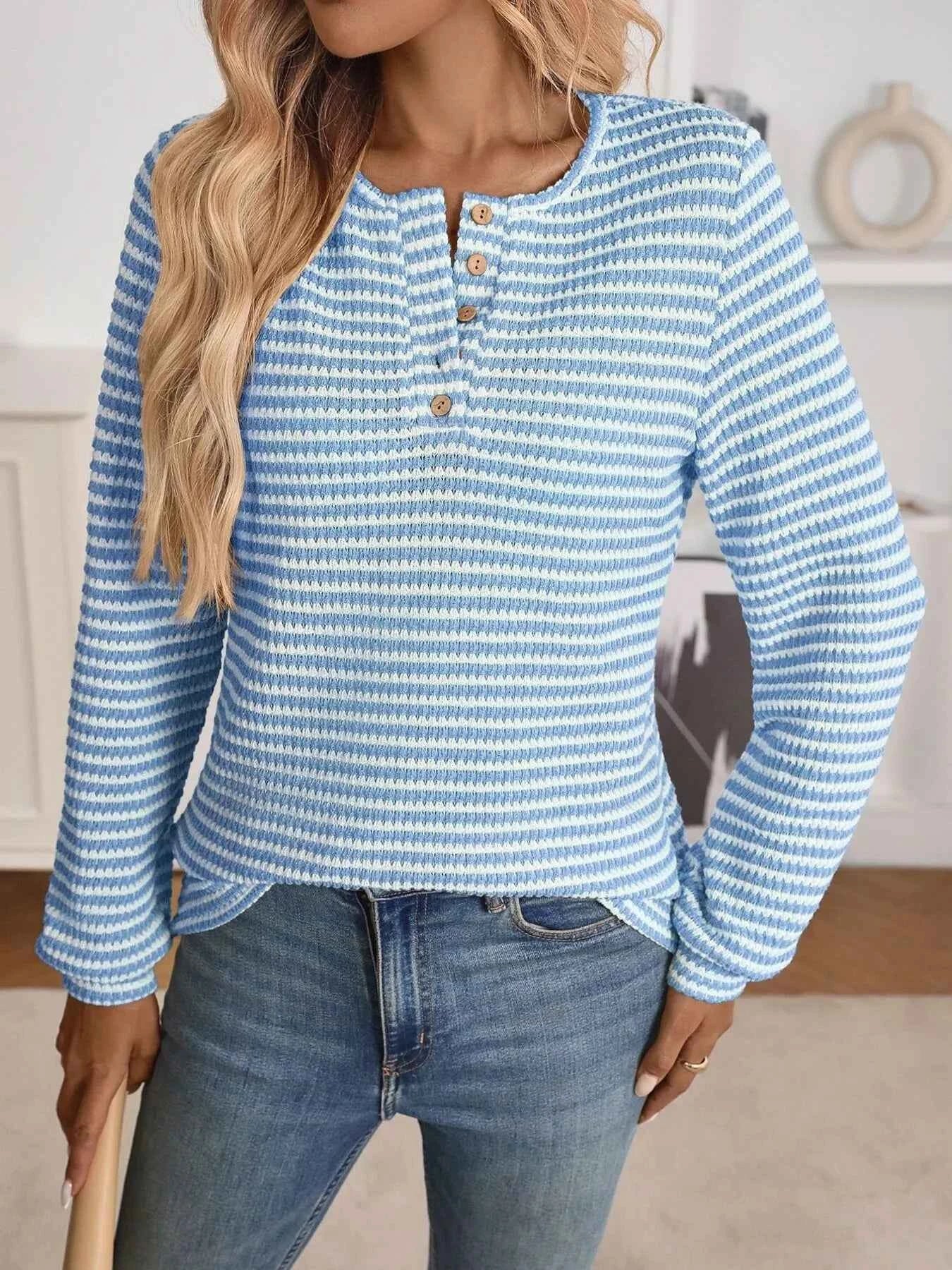 Striped Button Detail Long Sleeve Top Blue 4b177e1f38964c088f9bc8077ba523b9-Max-Origin