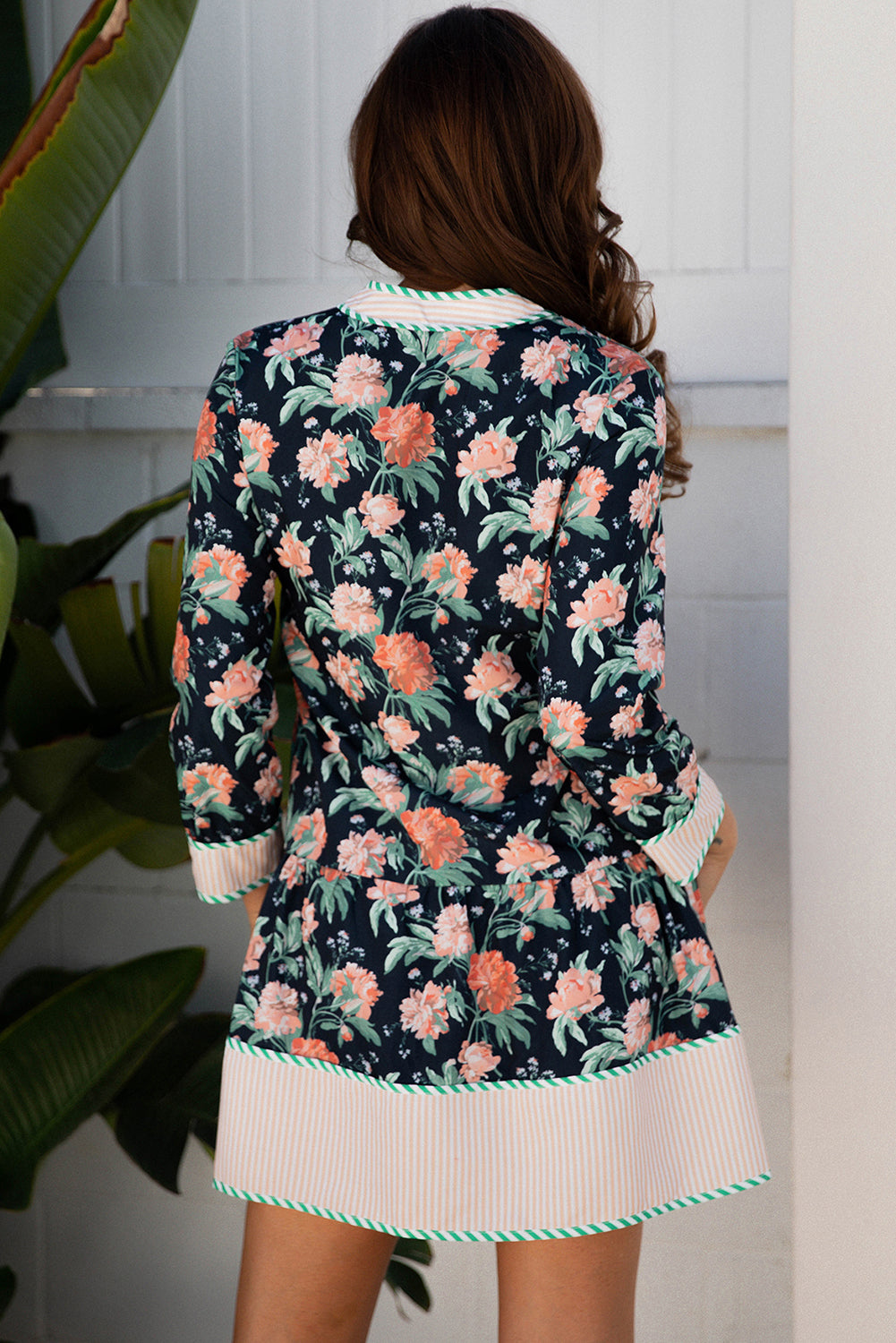 Blue Floral Print Striped Trim V Neck Long Sleeve Ruffle Hem Shift Mini Dress 4b18771a0b72bc22