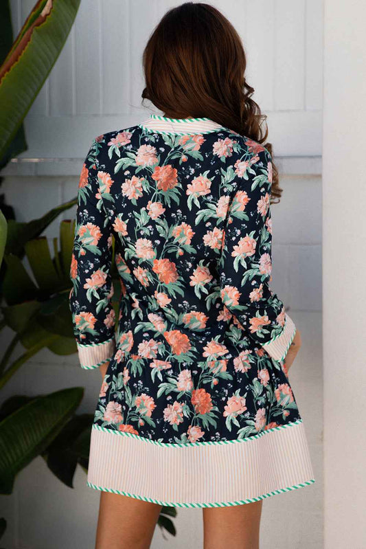 Blue Floral Print Striped Trim V Neck Long Sleeve Ruffle Hem Shift Mini Dress 4b18771a0b72bc22