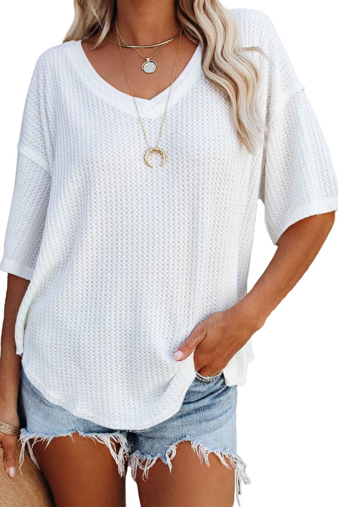 Blue Exposed Seam Drop Sleeve V Neck Waffle Textured Top 4b194c82fa214d5f