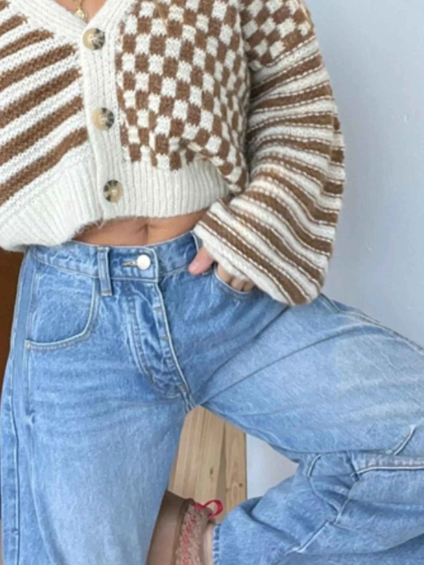 Checkered and Striped Pattern Button-Front Cropped Cardigan