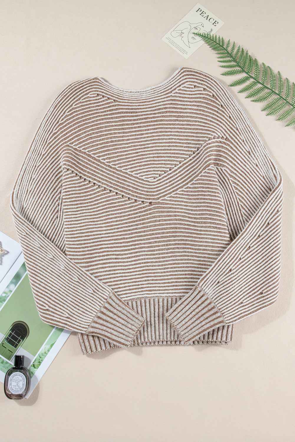 Light French Beige Striped Print Ribbed Knit Raglan Sleeve Baggy Sweater 4b1bf9f11586064d