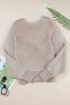 Light French Beige Striped Print Ribbed Knit Raglan Sleeve Baggy Sweater 4b1bf9f11586064d