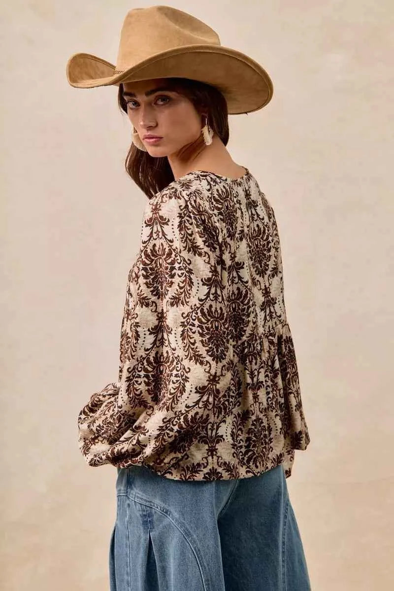 BiBi Printed Woven Front Tied Blouse with Baloon Sleeve 4b1c751909ab473d8afa2b8249e97ef4-Max-Origin