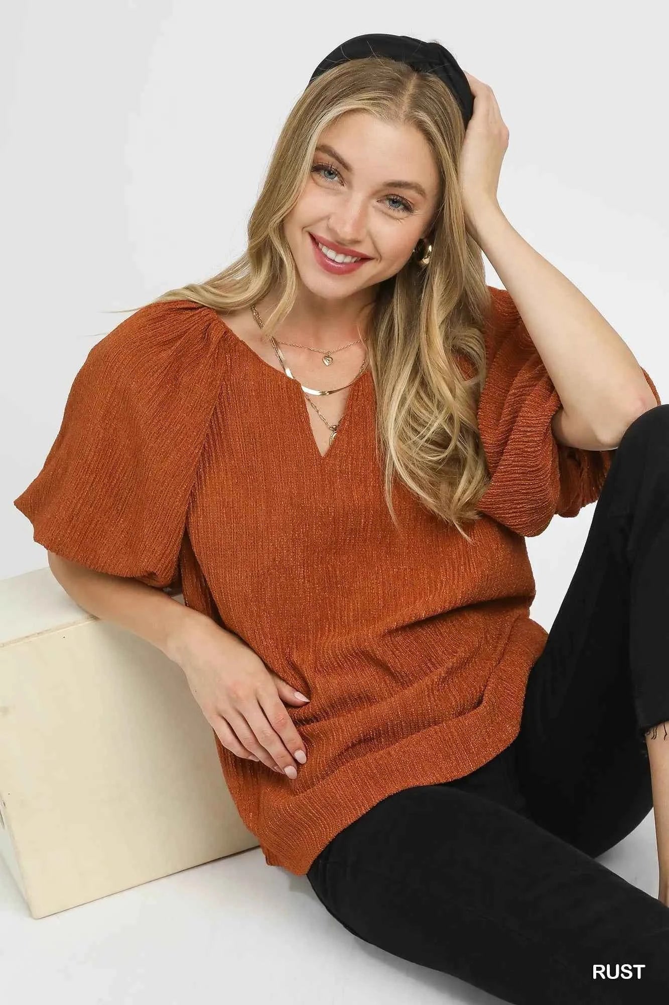 Umgee Textured Flutter Sleeve Notch Neck Top 4b1ce3e8-fd18-4035-ac1e-f722d72594db-Max-Origin