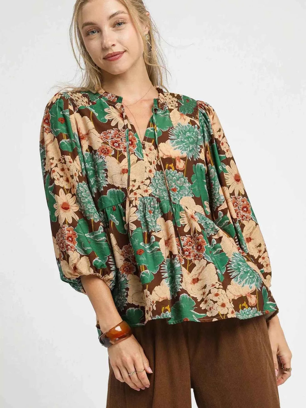 Umgee Mix Floral Peplum Blouse with Tie Neck BROWN MIX 4b20fb30e2fb4e789dbb22ec2f9d2c67-Max-Origin