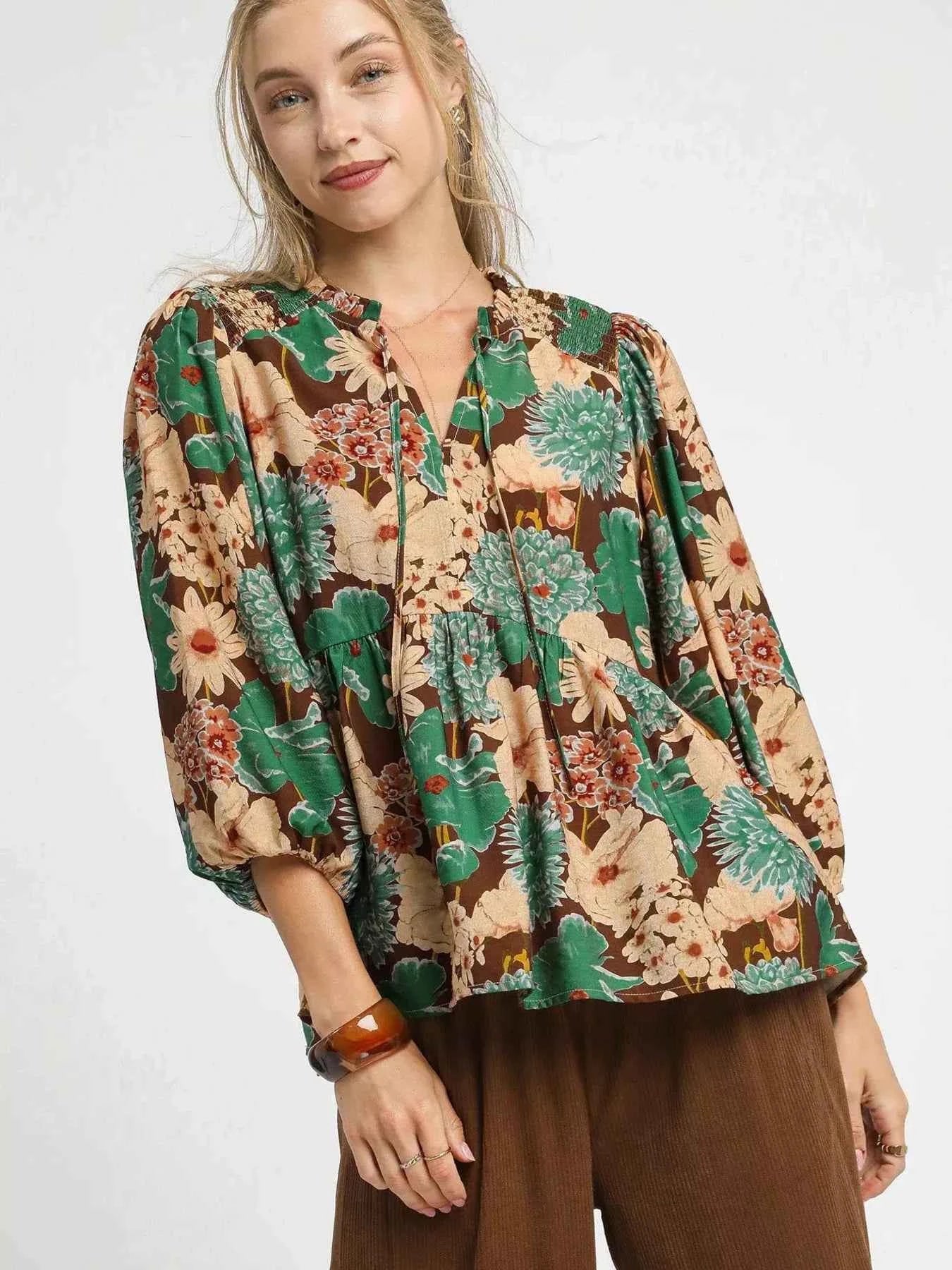 Umgee Mix Floral Peplum Blouse with Tie Neck BROWN MIX 4b20fb30e2fb4e789dbb22ec2f9d2c67-Max-Origin