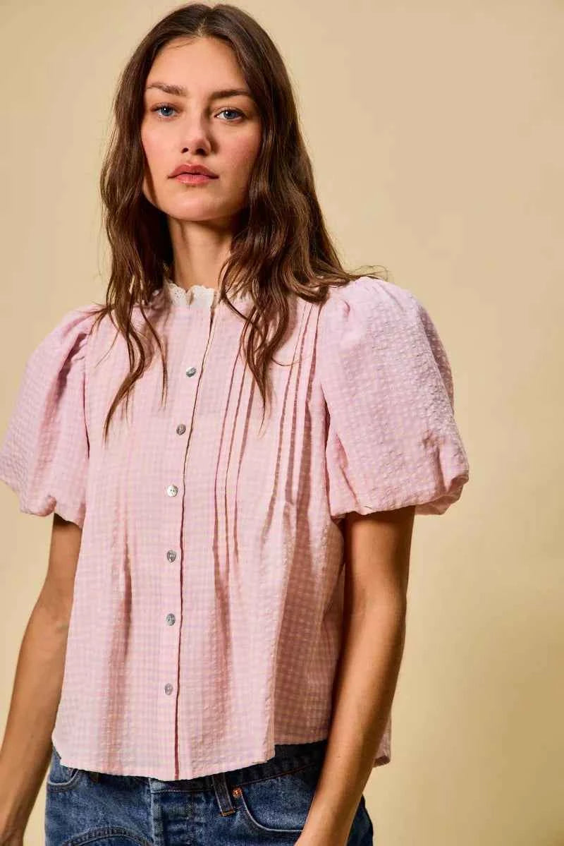 SO ME Gingham Lace Trim Button Bubble Sleeves Blouse 4b266dd3a1a54a46a70d403e5bf6df5f-Max-Origin