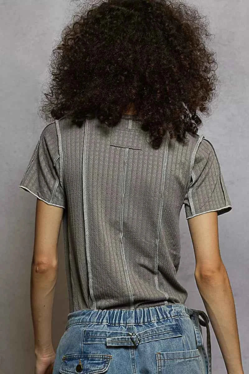 V-Neck Short Sleeve Top with Stitch Seam Detail 4b2704bc-bf84-4301-b1fc-0d75ddab5c35-Max-Origin