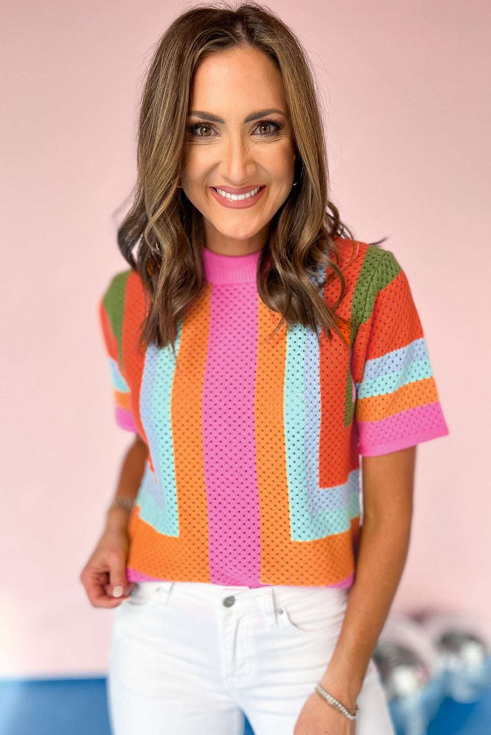 Orange Colorblock Eyelet Casual Knit T Shirt 4b2712a9d4a8f96f-_4