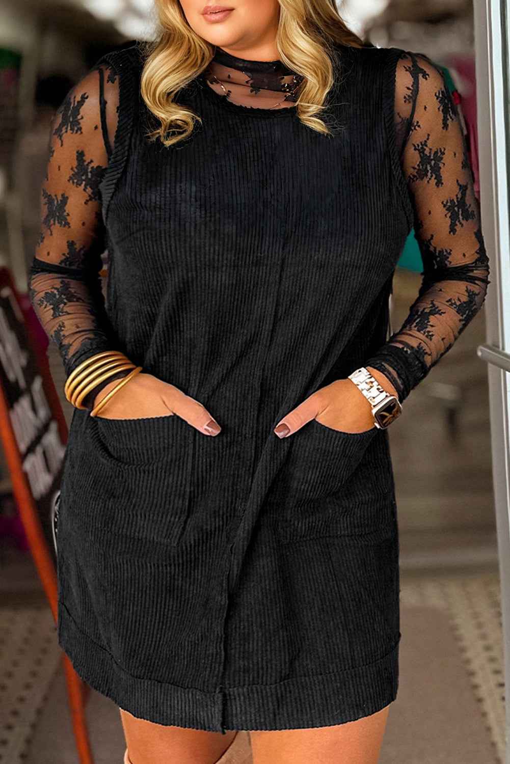 Black Plus Size Corduroy Patch Pocket Sleeveless Mini Dress Black 100%Polyester 4b2a888901d78c69