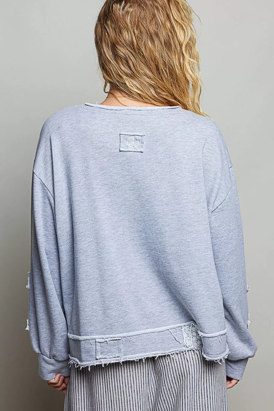 Exposed Outseam Crochet Patch V-Neck Sweatshirt with Open Wrap-Style Design 4b2c2d0f-b19a-417d-a3b4-5c7db9d59c73-Max-Origin