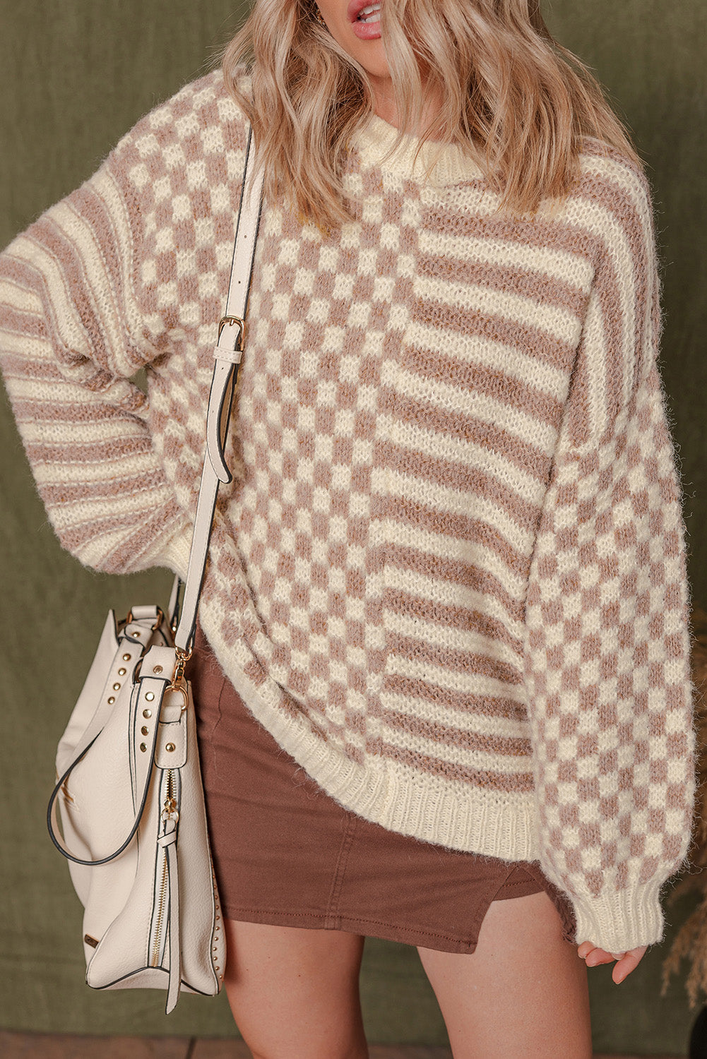 Khaki Stripe Checkerboard Drop Shoulder Balloon Sleeve Sweater 4b3617fac78913b2