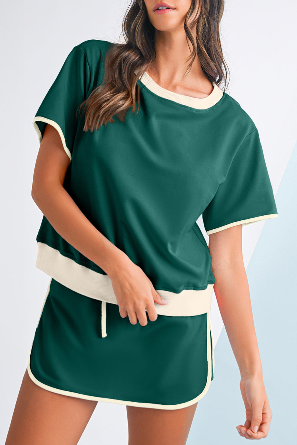 Black Colorblock Edge Drop Shoulder T Shirt and Skort Set 4b3627d1445e4d44