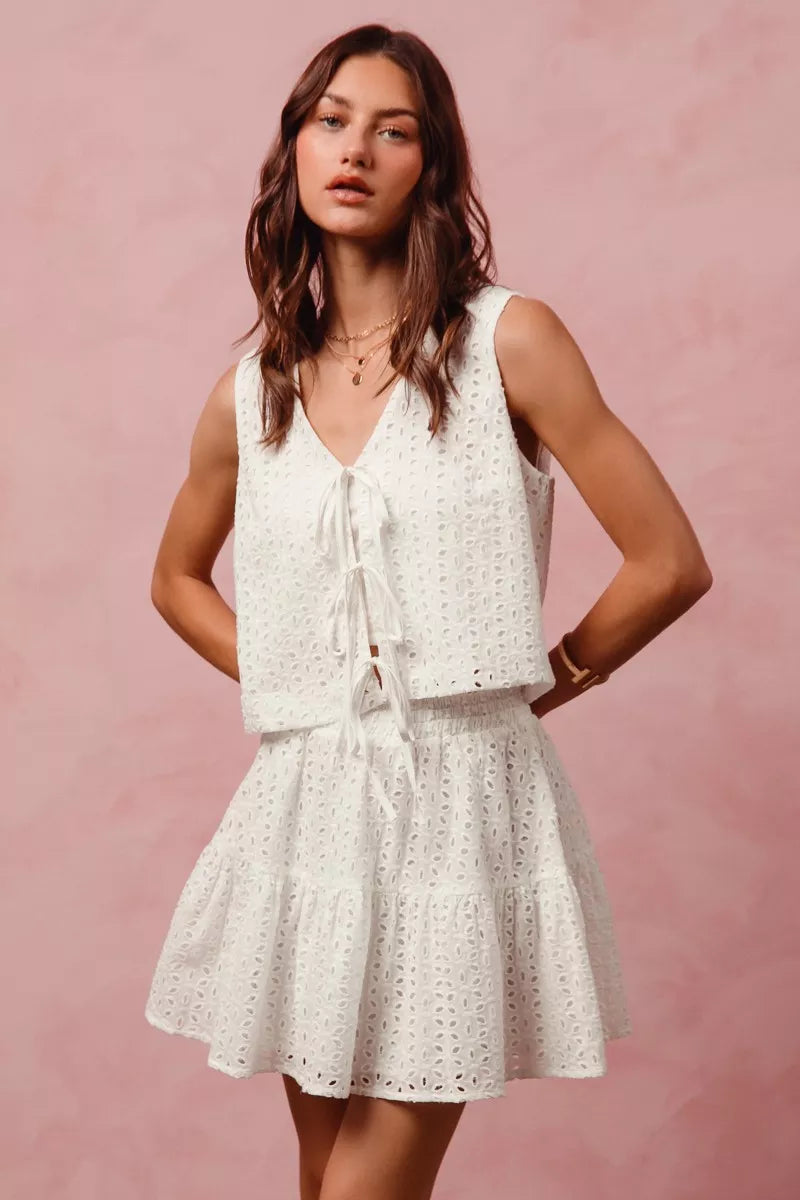 SO ME Floral Eyelet Lace Tie Front Vest Top and Tiered Mini Skirt Set 4b3cc543efae490385e57c368ef20541-Max-Origin