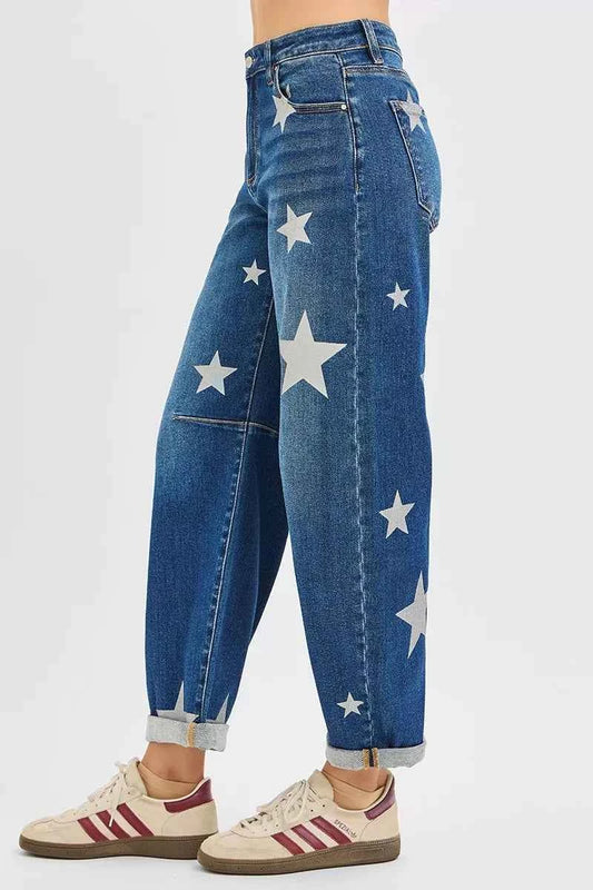 Mid Rise Ankle Length Relaxed Barrel Star Printed Jeans 4b3f6b0b94d14de584a8ab0e033815dd-Max-Origin