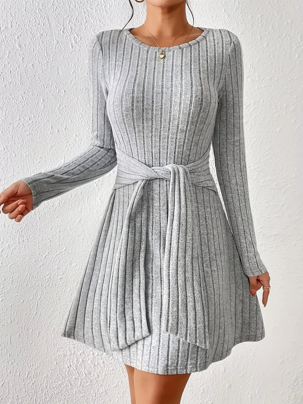 Ribbed Knit Tie Waist Long Sleeve Casual Dress Gray 4b431562763943259c60835a1dba9bc1-Max-Origin