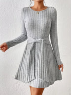 Ribbed Knit Tie Waist Long Sleeve Casual Dress Gray 4b431562763943259c60835a1dba9bc1-Max-Origin