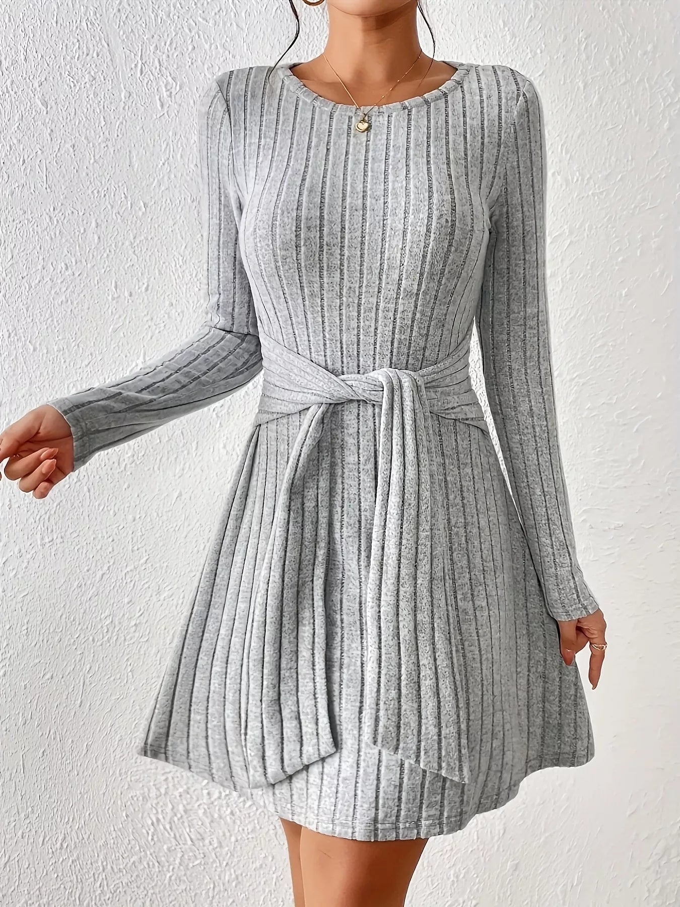 Ribbed Knit Tie Waist Long Sleeve Casual Dress Gray 4b431562763943259c60835a1dba9bc1-Max-Origin