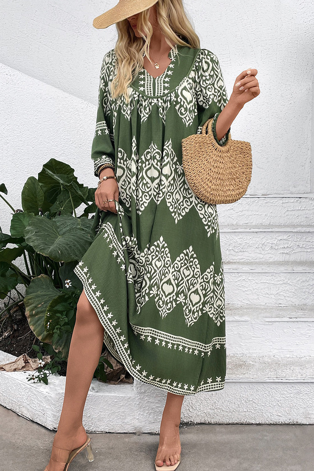 Green Abstract Geometric Print Long Sleeve Vacation Dress 4b46abc4778d2c3a
