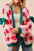 Pink Colorblock Checkered Open Front Knit Cardigan Pink 100%Acrylic 4b46b70bd8a283ce