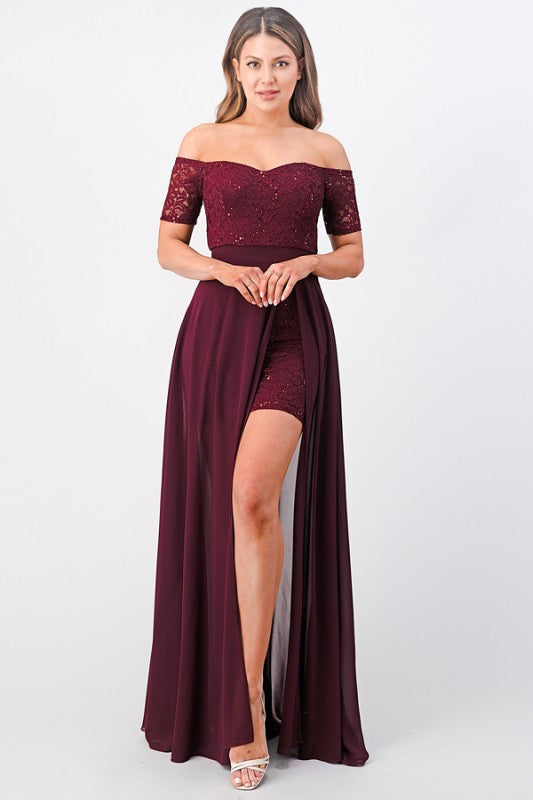 Off Shoulder Lace Evening Dress – High Slit Maxi Party Dress for Women Burgundy 4b47b5ec-00e7-4641-afe6-518c85dda737