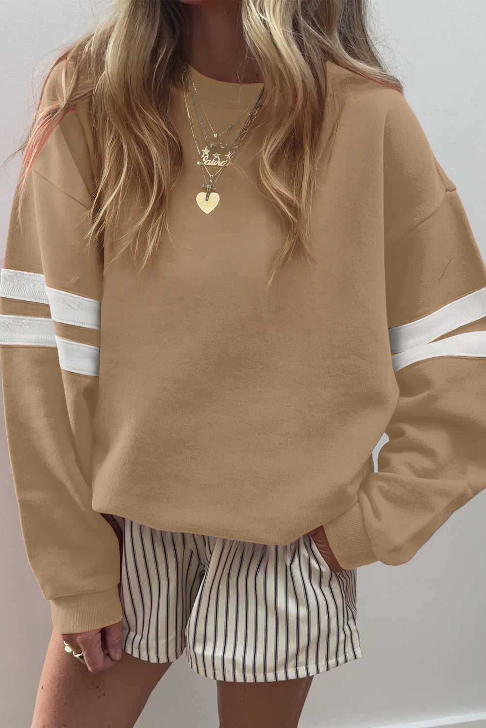 White Preppy Striped Sleeve Loose Sweatshirt 4b4b5e9730422d7d