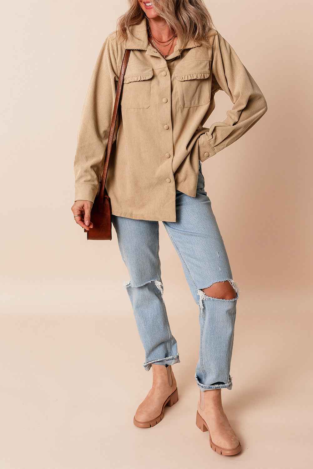 Light French Beige Corduroy Frilled Flap Pocket Button Up Shacket 4b4c9a6644f452ac