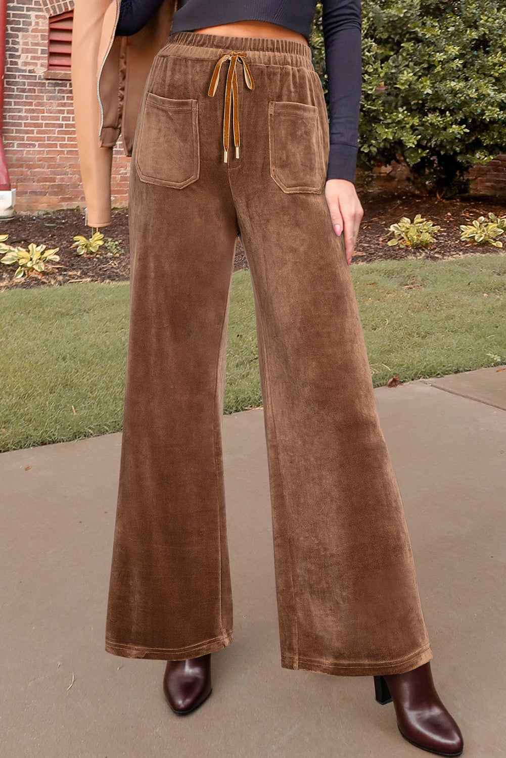 Coffee Straight Loose Drawstring Elastic High Waist Fleece Pants 4b4cb7d46dcccc4d