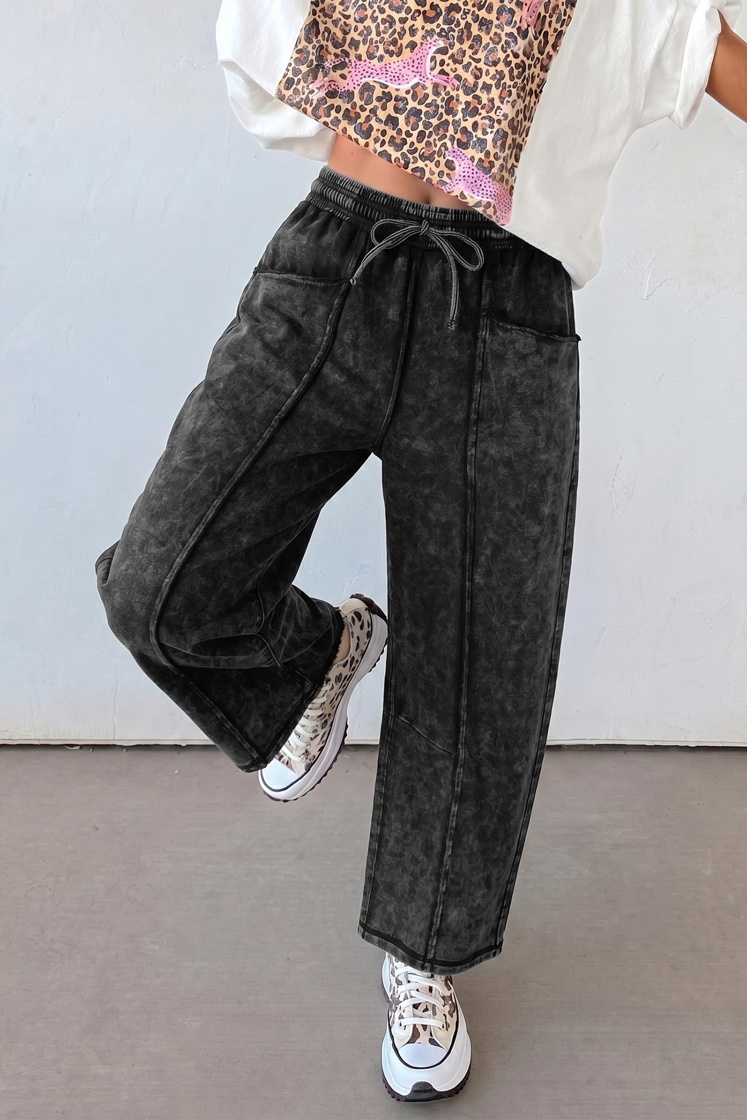 Black Mineral Wash Raw Seam Drawstring Elastic Waist Barrel Pants 4b508d6720711a00