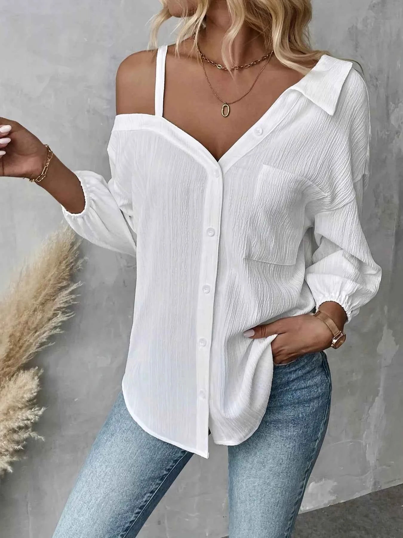 Asymmetrical Cold Shoulder Button Up Shirt