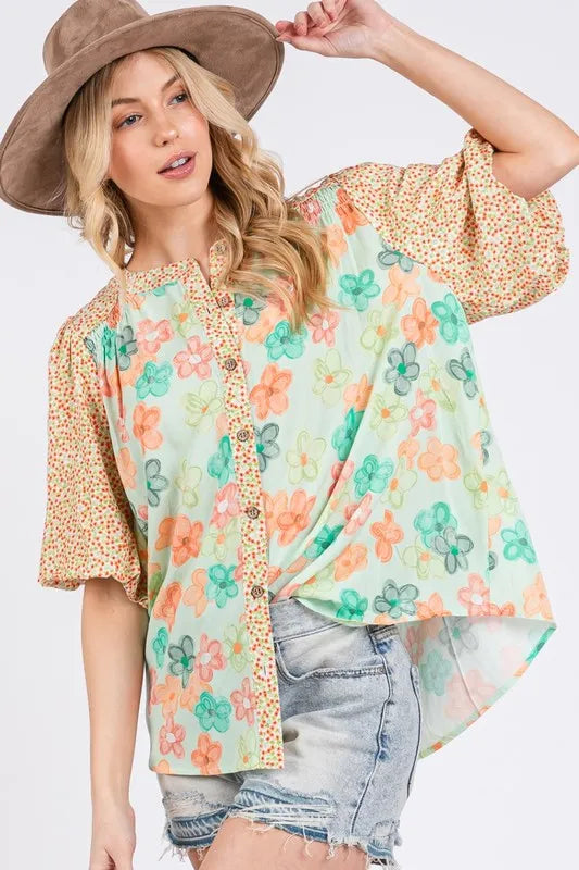 SAGE+FIG Button Down Bubble Sleeves Shirt 4b531723-4c99-49d6-a5b7-d42471670f5d-Max