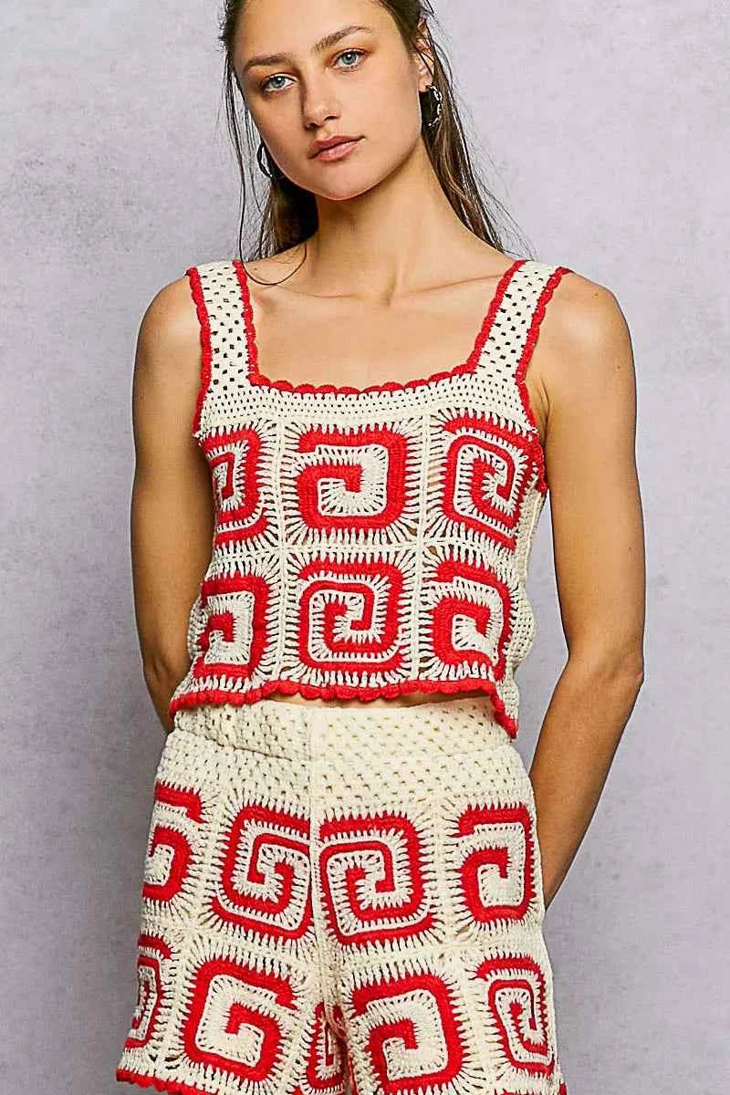 Handmade Crochet Cropped Tank with Granny Square Pattern IVORY RED One Size 4b589fea-0ada-46f8-936a-a1c0d04e7288-Max-Origin
