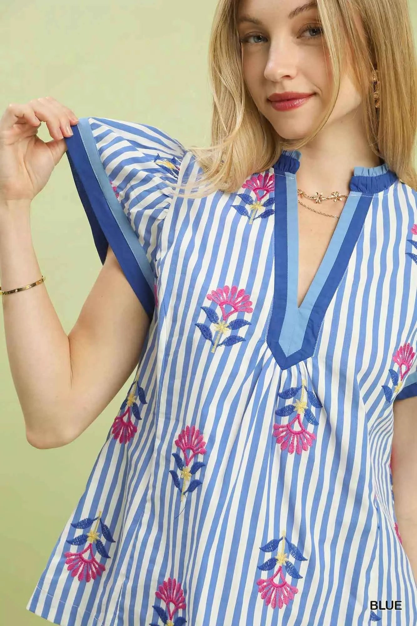 Umgee Embroidered Striped Flutter Sleeve Top 4b5e2d71-520a-4013-bba2-fe8b6e90b0a2-Max-Origin