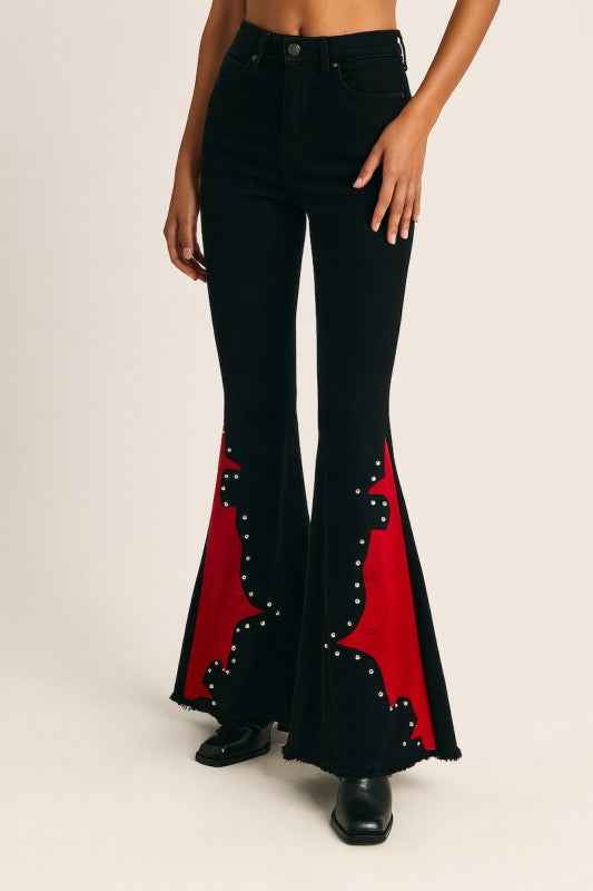 Wild West Studded Bell Bottom Black Red Black Long Inseam - 34 4b63af62-8ffe-4b77-af78-6833f8d76636