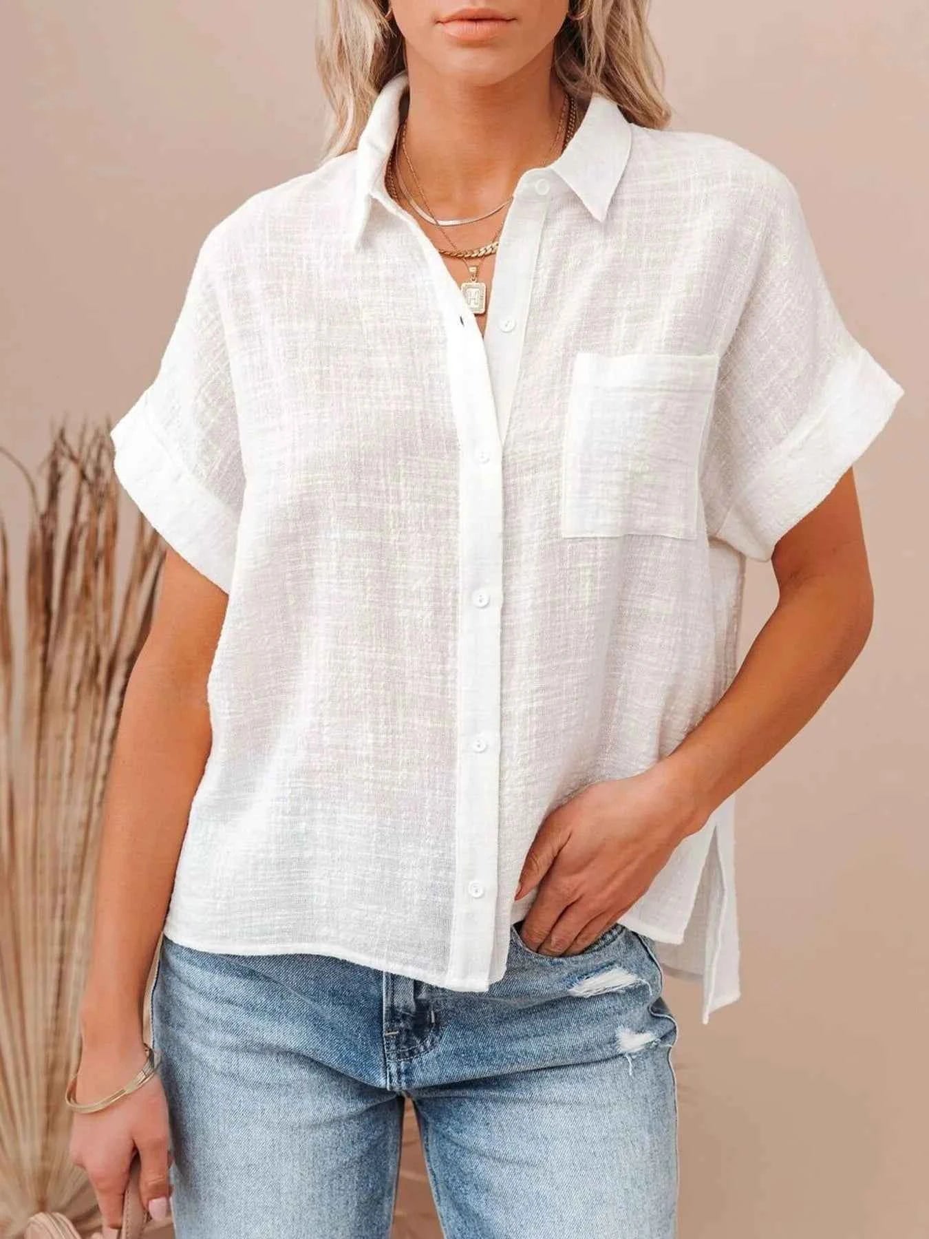 Full Size Button Up Short Sleeve Shirt Plus Size White 4b6546c9efef4c5c94d5f69ef6830b8a-Max-Origin