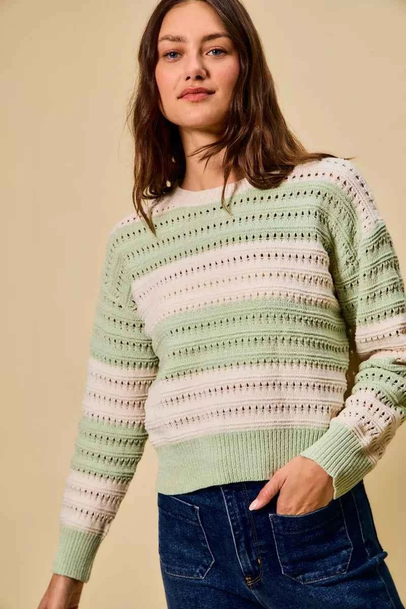 SO ME Openwork Round Neck Wide Stripe Textured Sweater 4b65f457-f3f5-4dad-849e-e3a0e15883b2-Max-Origin