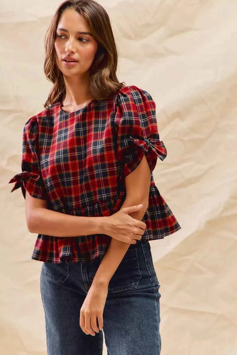 SO ME Christmas Holiday Plaid Ribbon Short Sleeves Top 4b6d4503e19845bab50528868162ddbd-Max-Origin