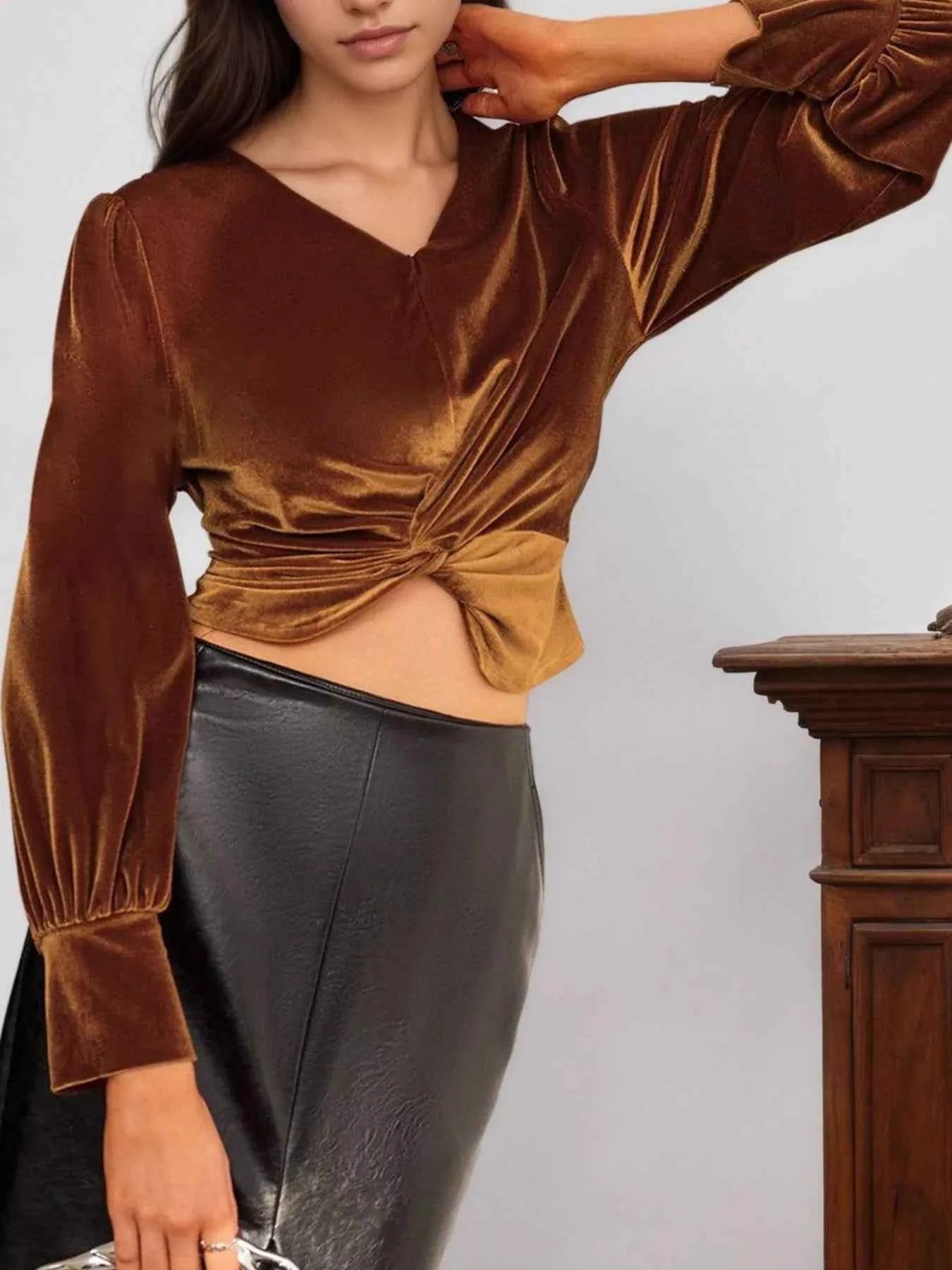 Twisted V-Neck Long Sleeve Blouse 4b723778-f532-483b-b7d0-78969f1bb5bf-Max-Origin