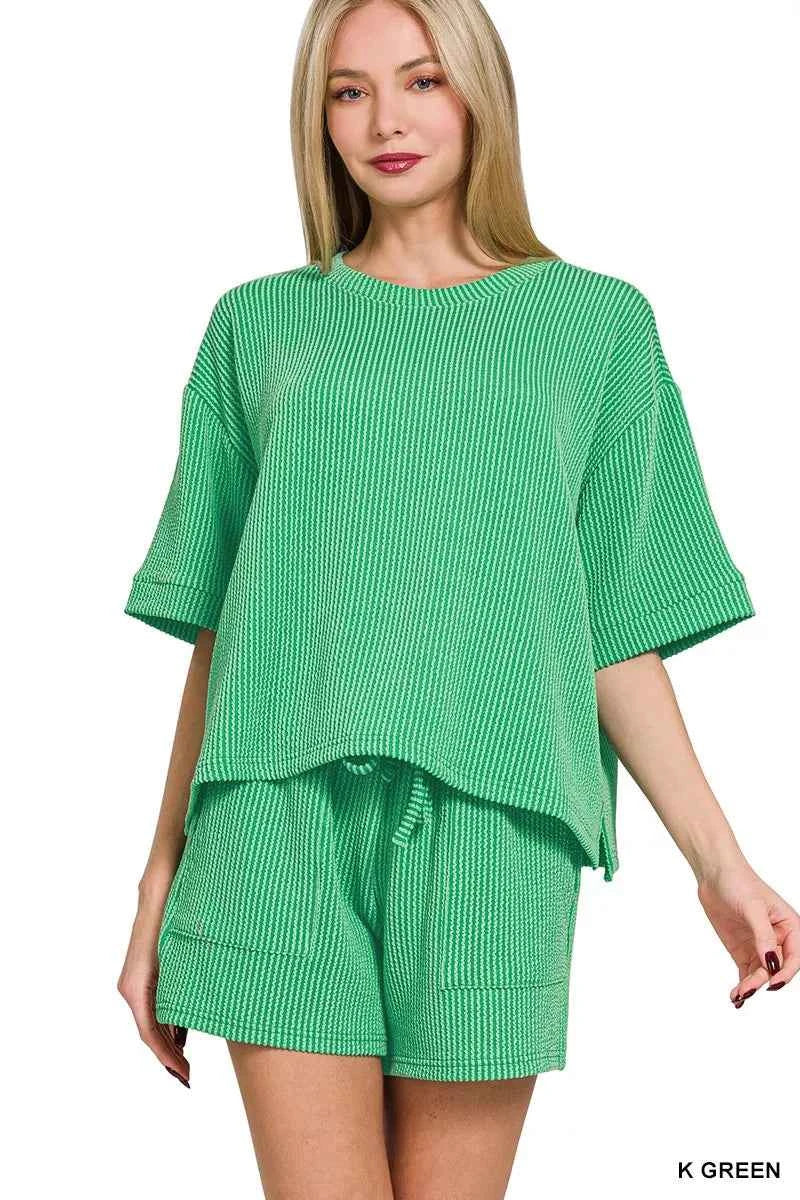 Zenana Raised Rib Short Sleeve Tee and Drawstring Shorts Set K GREEN 4b75afafcb4e4d9ca196000032c2b22d-Max-Origin