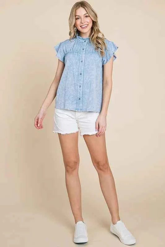 Lime 'N' Chili Mineral Wash Flutter Sleeve Button Down Shirt 4b7ac488-0cff-4d03-9968-53ef18a6b414-Max