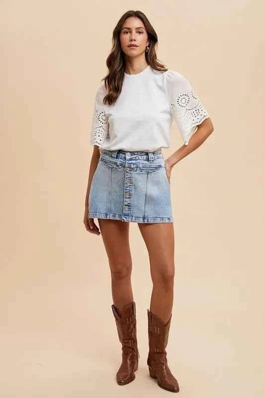 Annie Wear Button Detail Stretch Denim Wrap Mini Skort 4b7bcc6d3bb8460bb80e4495166e33f4-Max-Origin
