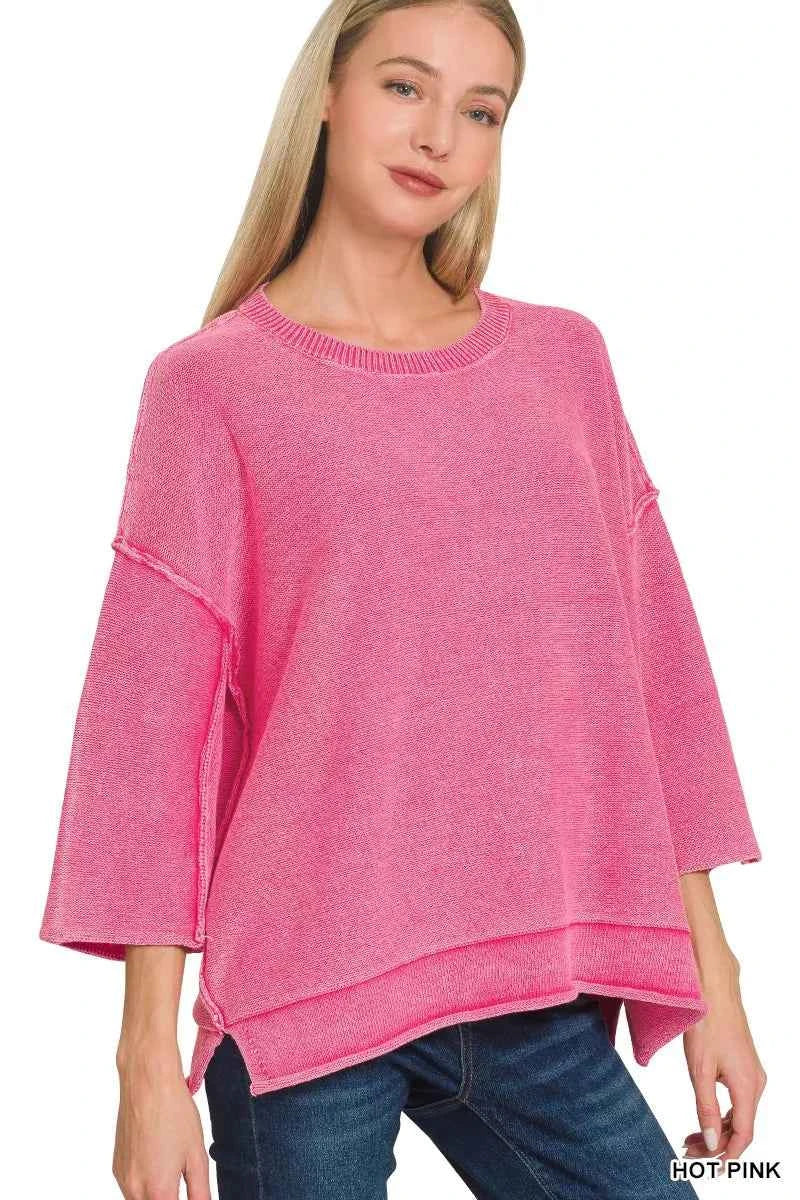 Zenana Washed 3/4 Sleeve Boxy Sweater HOT PINK 4b85e09647214e6ca872a0349caec9b2-Max-Origin