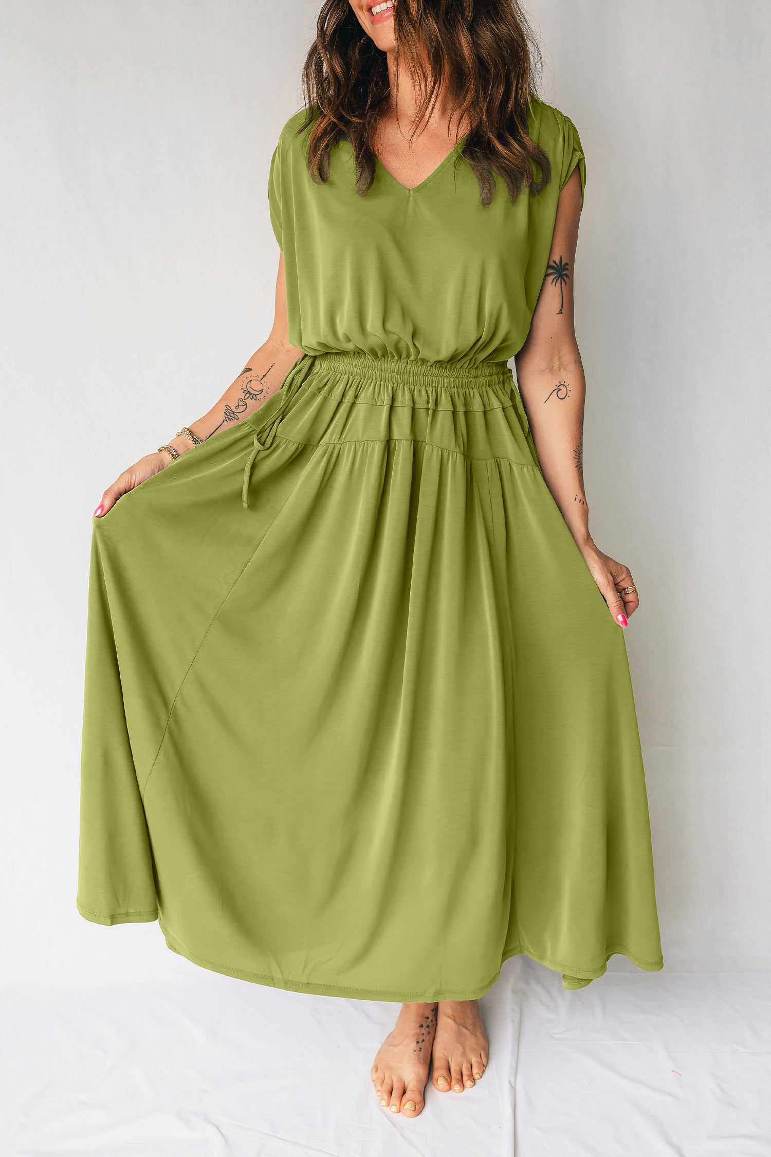 Fern Green Solid V Neck Cap Sleeve Tunic Elastic Waist Versatile Maxi Dress 4b86c81c29a2198c