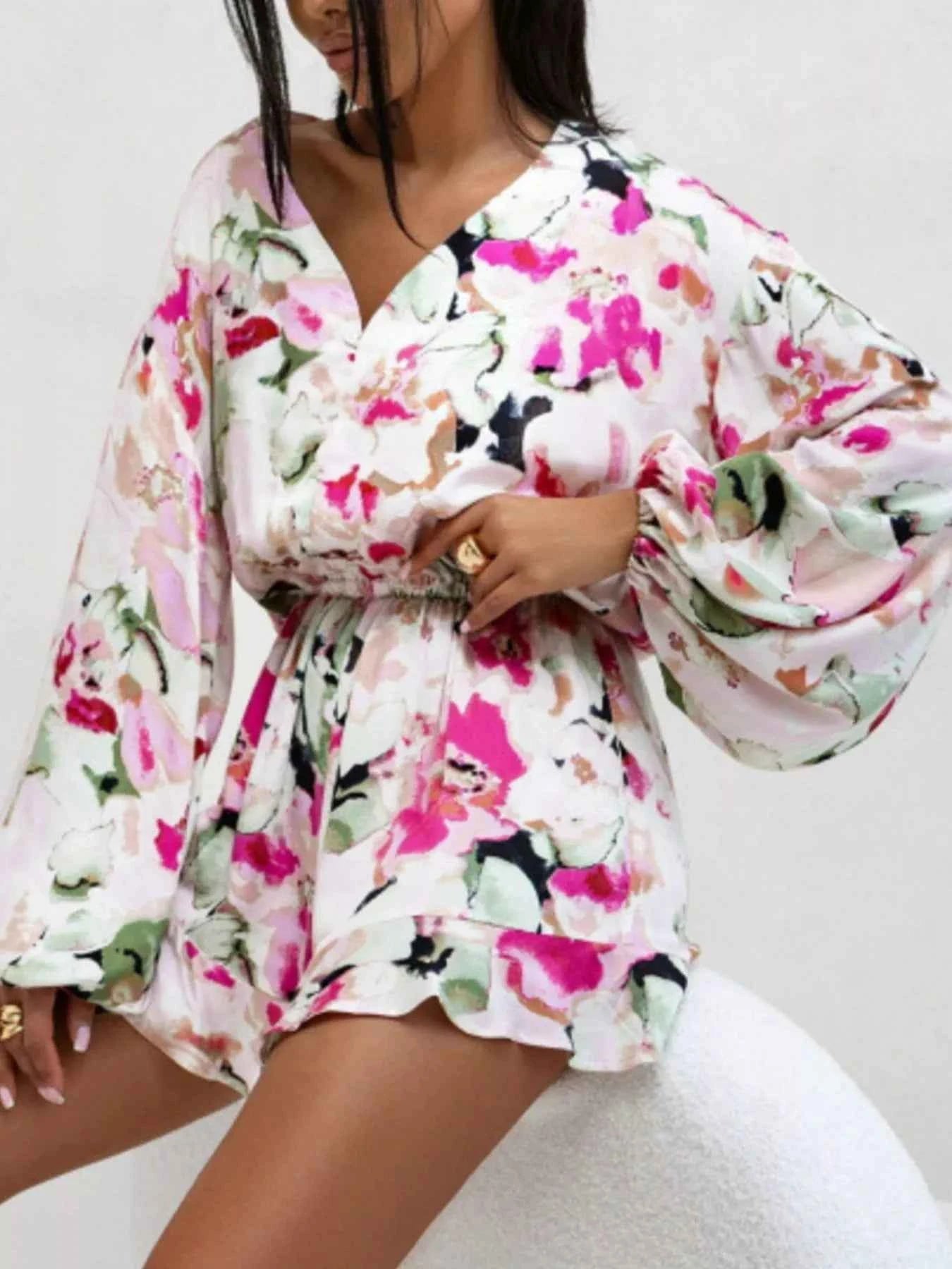 Floral V-Neck Long Sleeve Romper with Elastic Waist White 4b871114-641e-41ef-8cac-06b62374f116-Max-Origin