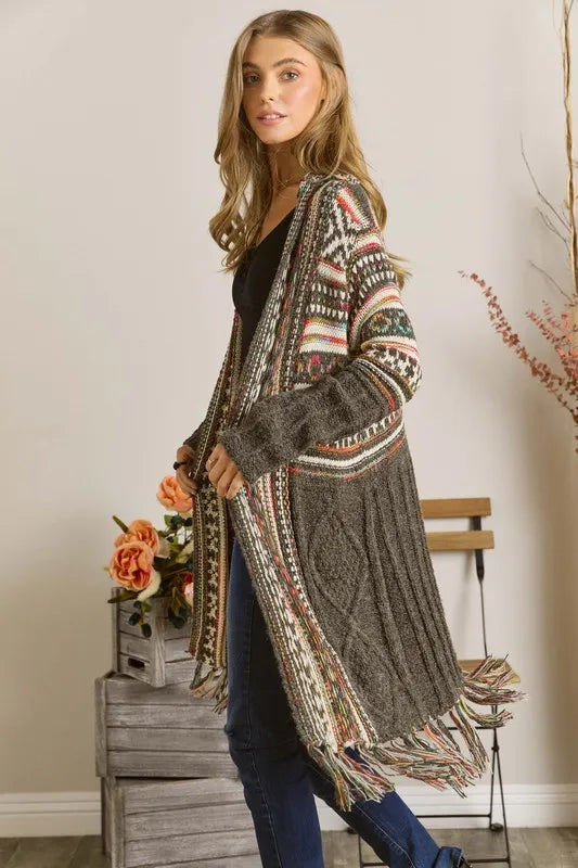 ADORA Full Size Fringe Hem Aztec Cardigan Plus Size