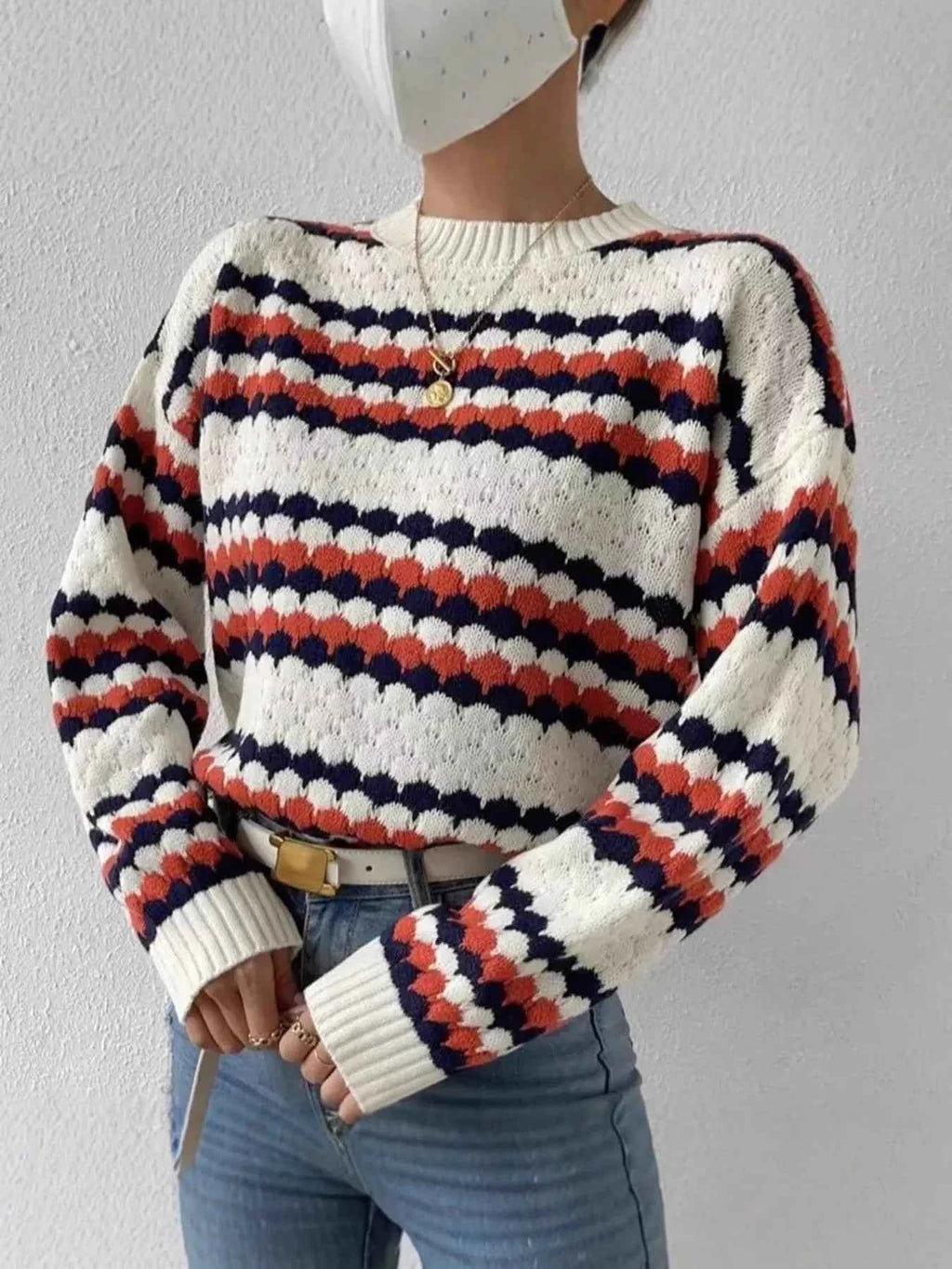 Striped Pattern Round Neck Sweater Multicolor 4b94bb8a2419477bb4a8270e9ed5d6dd-Max-Origin