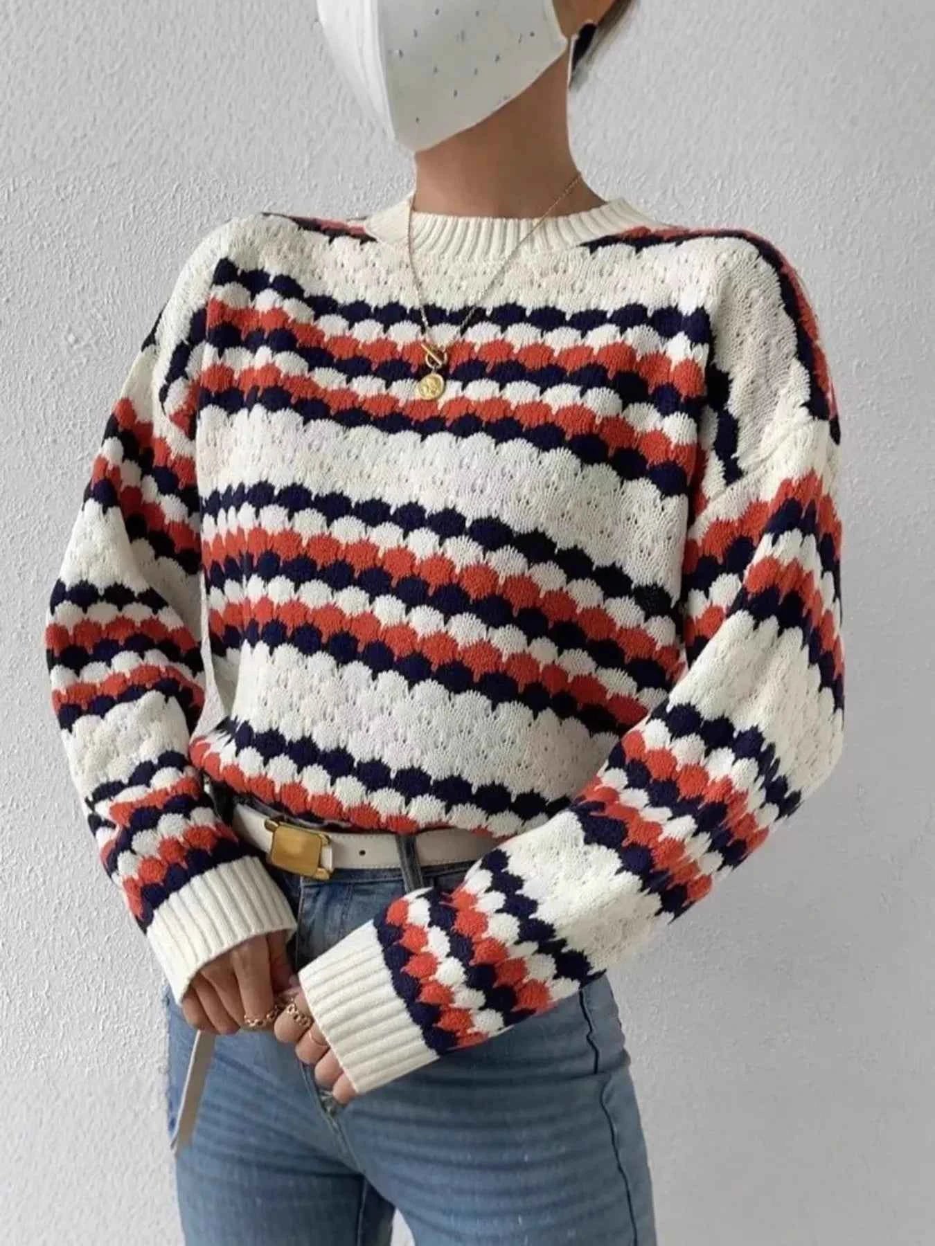 Striped Pattern Round Neck Sweater Multicolor 4b94bb8a2419477bb4a8270e9ed5d6dd-Max-Origin