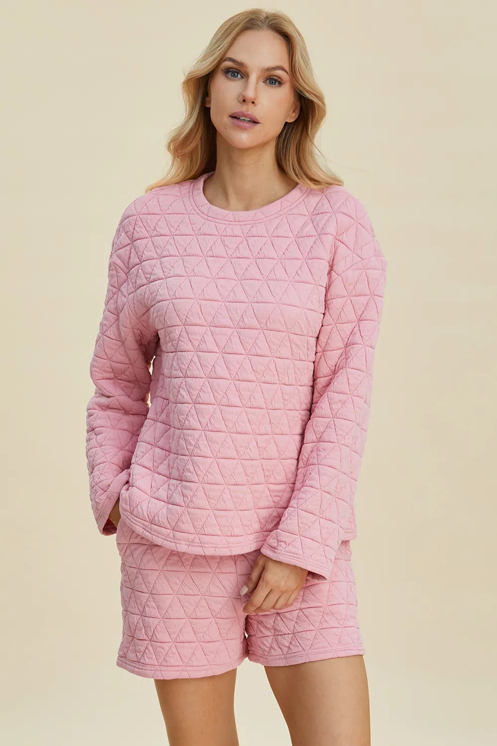 Double Take Full Size Texture Round Neck Long Sleeve Top and Shorts Set 4b984399-15f2-47cb-99cf-80a92bd78691-Max