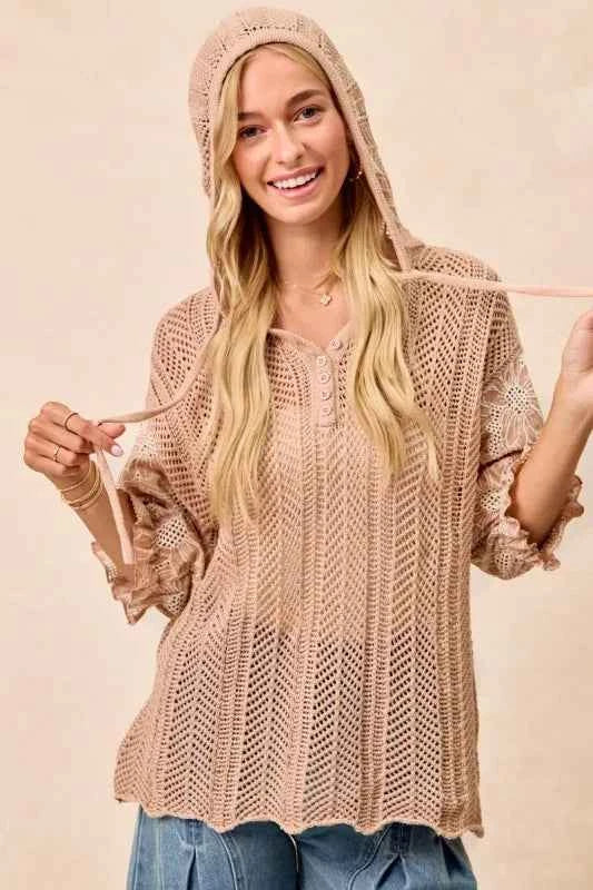 Jacquard Flower Puff Sleeve Hooded Knit Top 4b9b2c85-c772-4aa3-901a-99f8b42103d8-Max-Origin